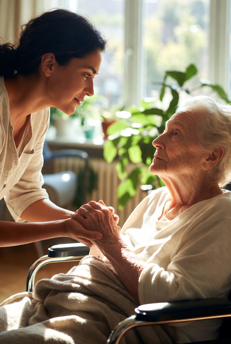 carer comforting elderly woman with dementia at home in Leeds